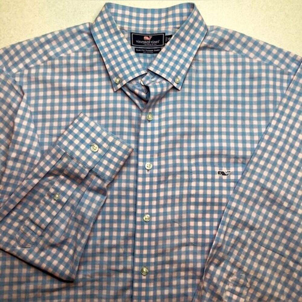 Vineyard Vines XL Slim Fit Tucker Shirt Blue Pink Check Plaid Whale Logo